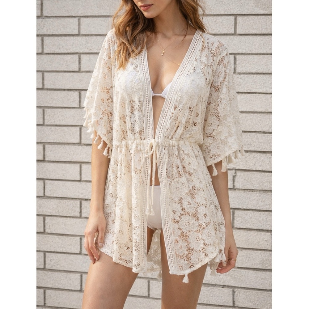 Peach Ivory Floral Lace Kimono Coverup Tie Tassel Boho Festival XL Cottagecore